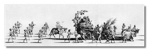 Pageant Wagon featuring Pan, followed by Satyr musicians